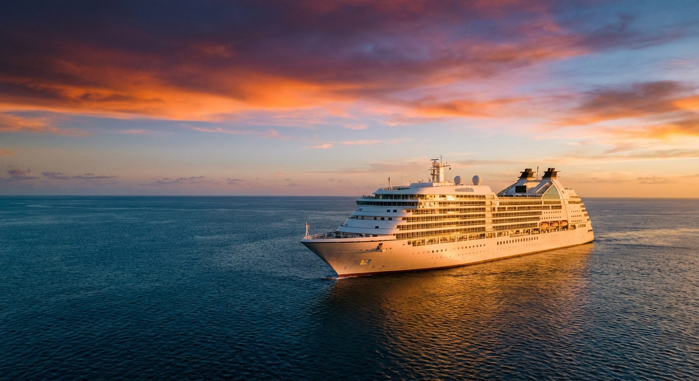 Luxury cruise ship on the open ocean at sunset