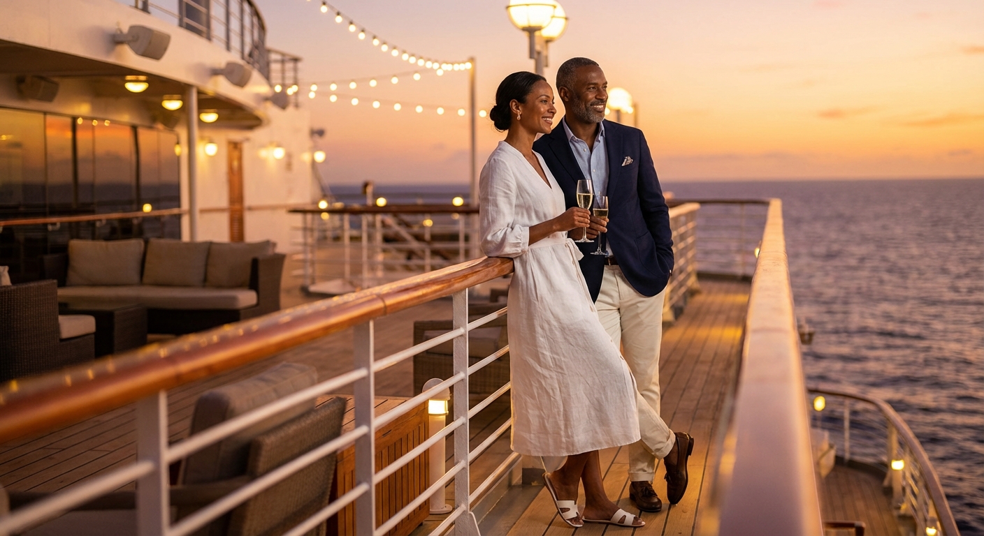 Happy couple enjoying a luxury cruise deck